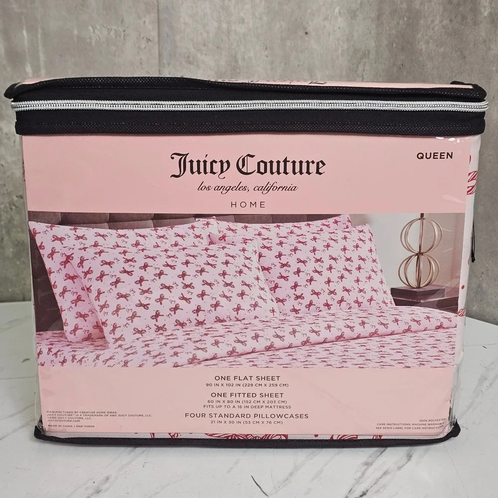Juicy Couture Queen Sheet Set 6pc Pink Red Candy Cane Bow Polka Dot Print New